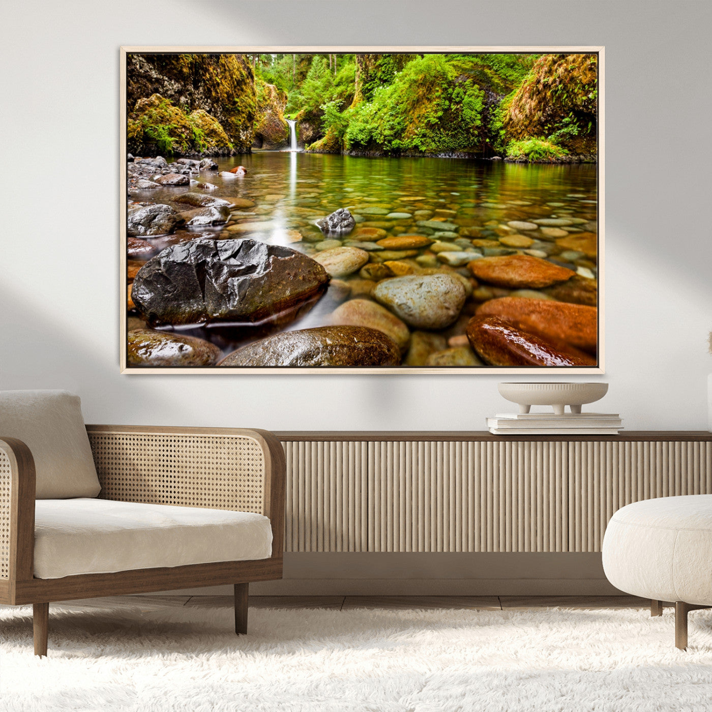 98096-MGV-CV-36X24-Serene River Waterfall Nature Photo – Calm Clear Water, Vibrant Green Forest and Smooth Stones Landscape Wall Art for Home or