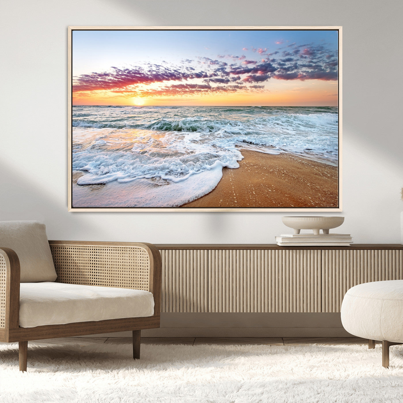 39560-MGV-FC-36X24_Natural-Sunrise Beach Wall Art – Vibrant Ocean Waves and Golden Sand Canvas Print, Seaside Coastal Decor for Living Room, Bedroom or