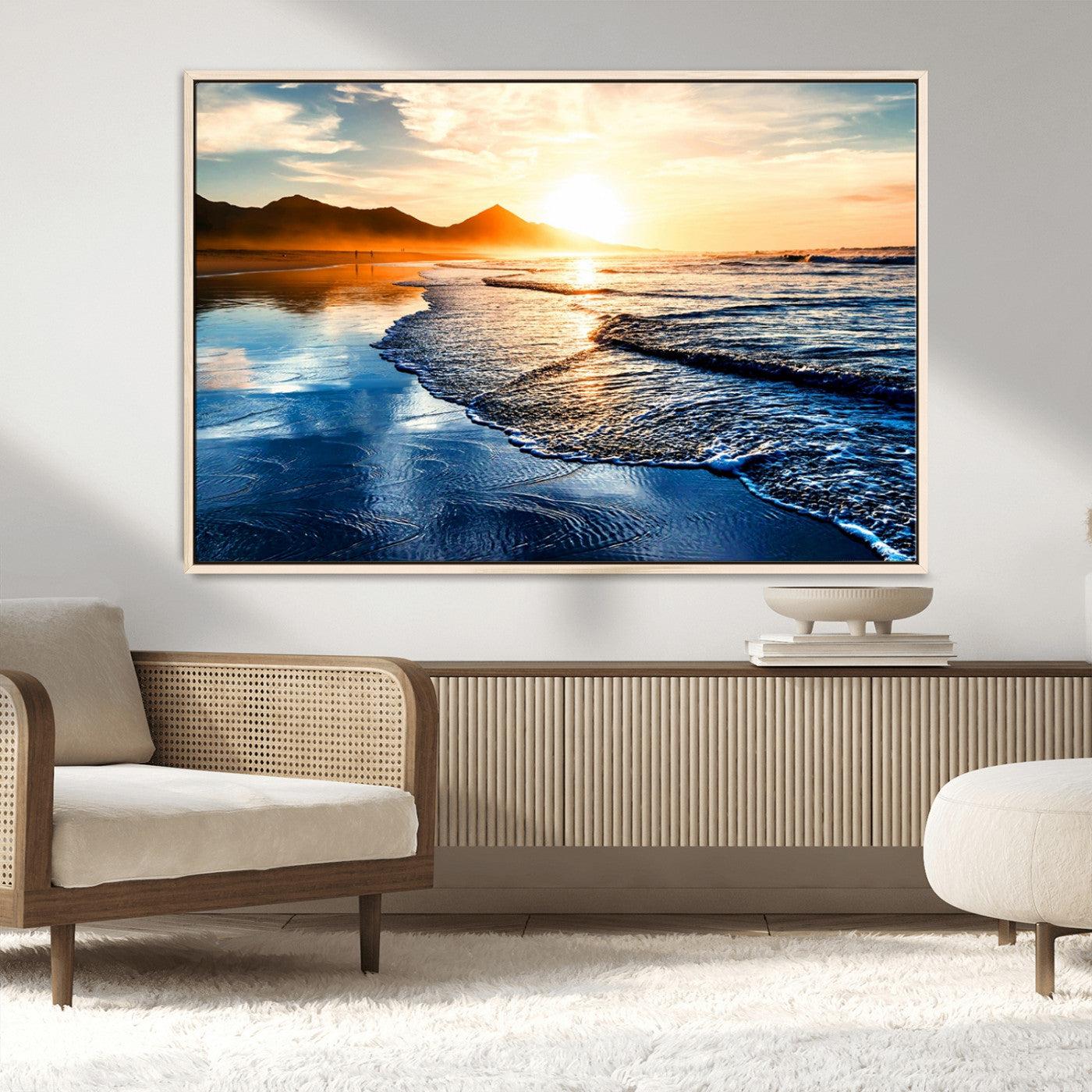 86173-MGV-CV-36X24-Golden Sunset Beach Wall Art – Reflective Ocean Canvas Print with Mountains and Waves, Coastal Nature Decor for Living Room,