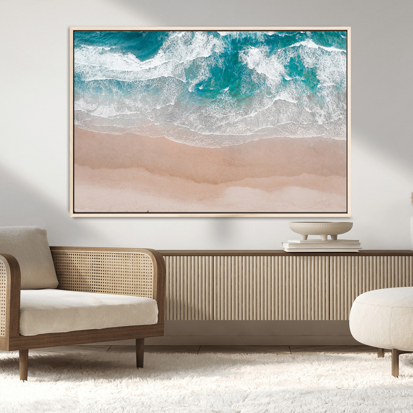 39236-MGV-FC-36X24_Natural-Ocean Beach Wall Art – Aerial View of Waves and Sand Canvas Print, Coastal Home Decor for Living Room, Bedroom, Office or Beach