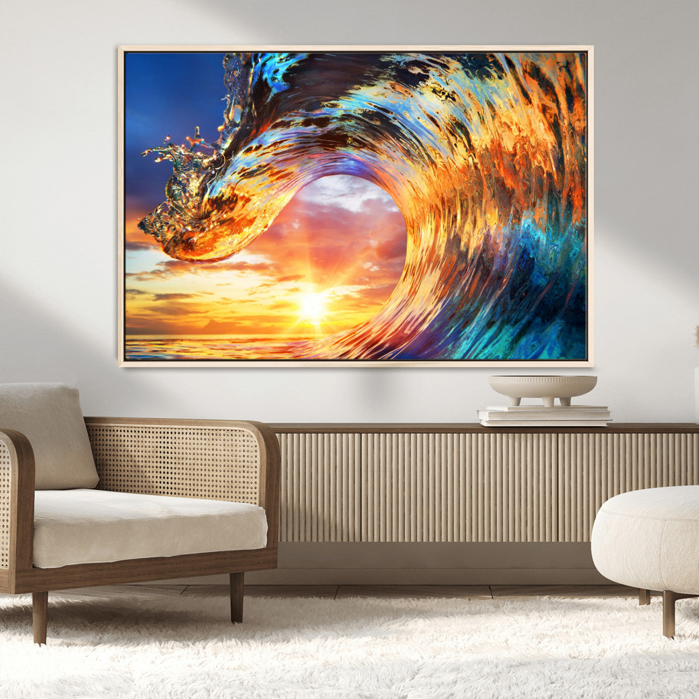 52890-MGV-FC-36X24_Natural-Surfing Wave Wall Art Canvas Print, Framed Sunset Ocean Art Picture Print, Ocean Wave Perfect Nautical Decor Artwork