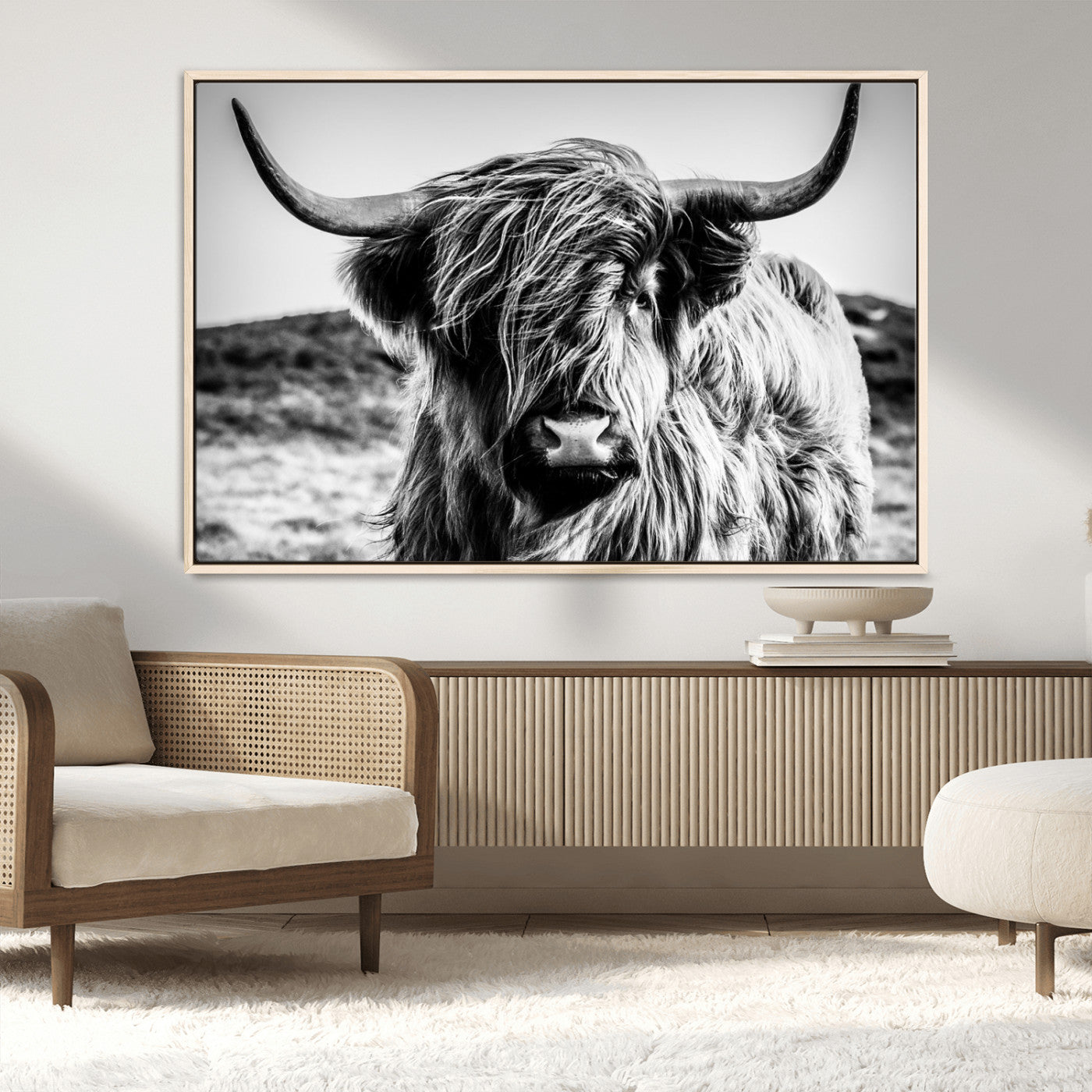 36979-MGV-CV-36X24-Striking black-and-white portrait of a Highland cow with flowing fur and majestic horns, perfect for rustic and elegant home or