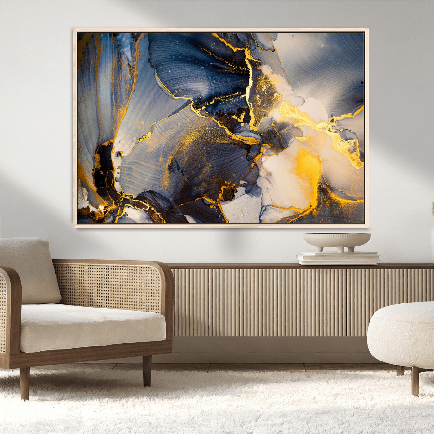 42100-MGV-CV-36X24-Golden Flow Abstract Wall Art – Panoramic Modern Blue and Gold Canvas Print, Contemporary Artistic Decor for Home, Office