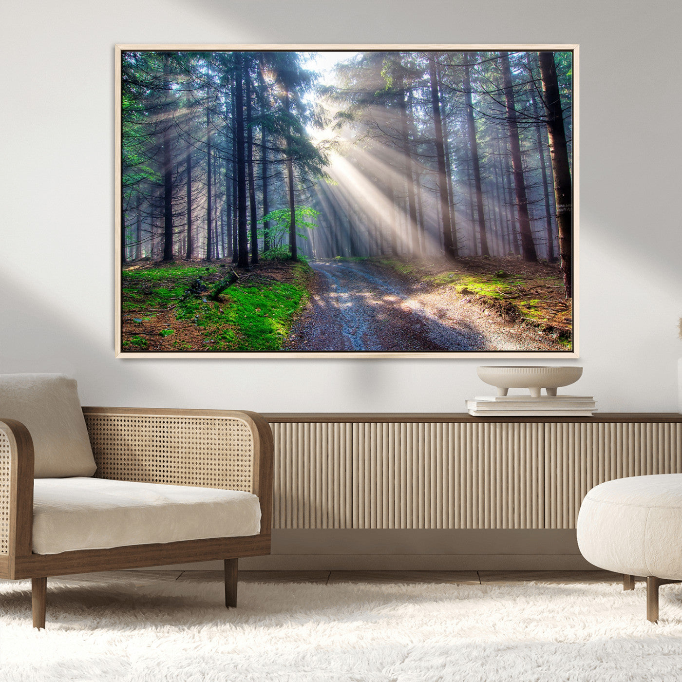 42047-MGV-CV-36X24-Sunlit Forest Path Wall Art – Nature Canvas Print, Serene Woodland Landscape, Perfect Home & Office Decor for Calm and Tranquil