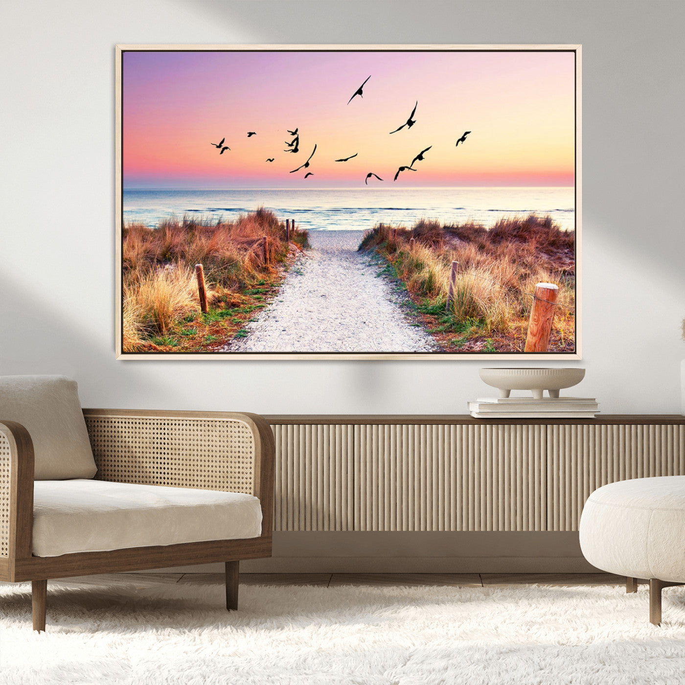 54411-MGV-CV-36X24-Beach Path with Birds Wall Art – Coastal Sunset Ocean Canvas Print, Seaside Nature Landscape Photography for Living Room, Bedroom