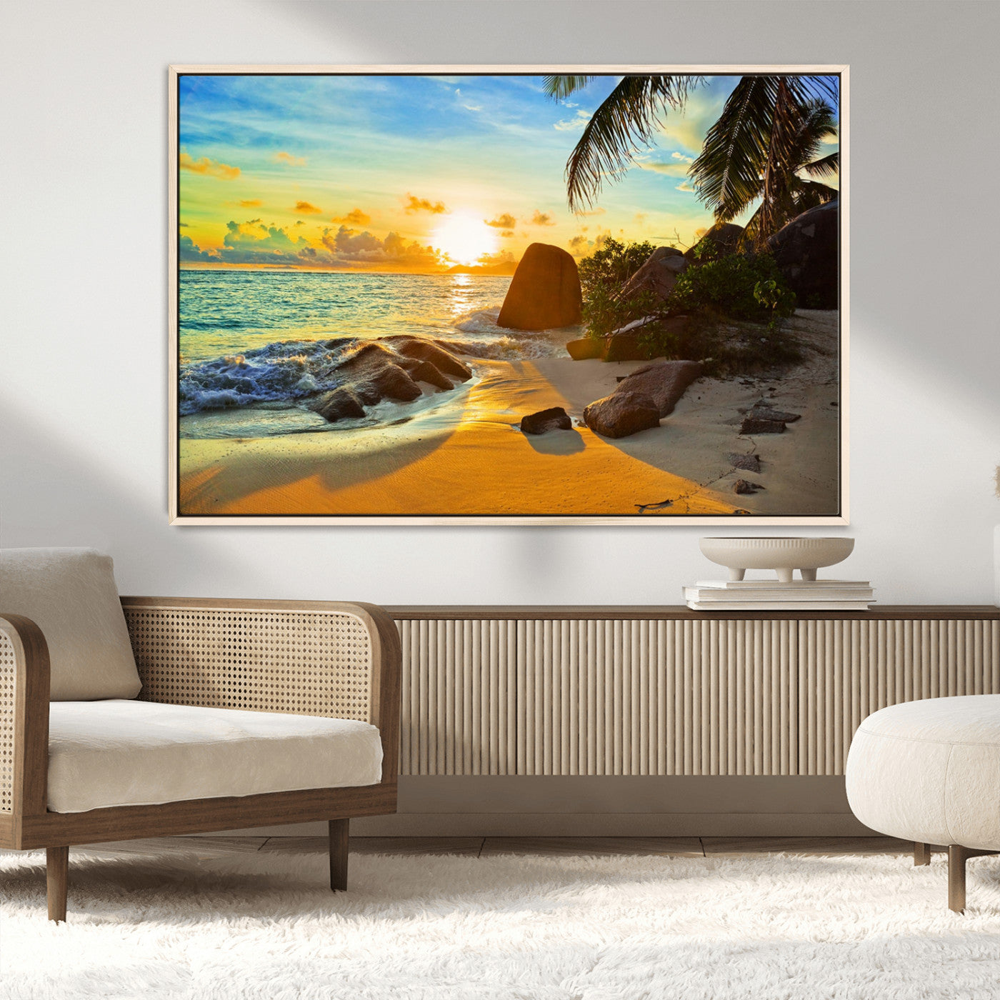 26181-MGV-CV-36X24-Golden Tropical Sunset Beach Wall Art – Ocean Canvas Print with Palm Trees and Rocks, Coastal Paradise Decor for Living Room or