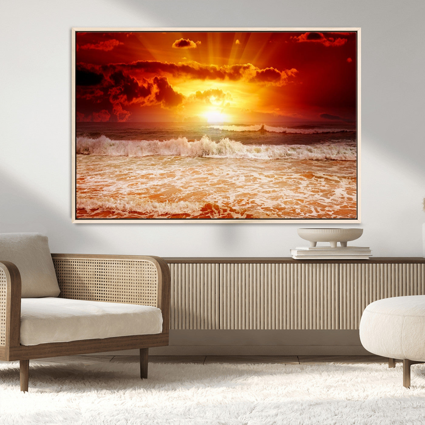 60211-MGV-CV-36X24-Fiery Sunset Ocean Wall Art – Red Sky Seascape Canvas Print with Waves, Bold Coastal Sunset Decor for Living Room or Bedroom