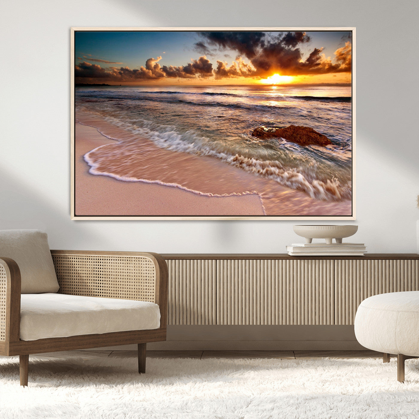 80979-MGV-CV-36X24-Golden Sunrise Beach Wall Art – Ocean Waves and Sandy Shore Canvas Print, Coastal Sunset Photography Artwork for Living Room,