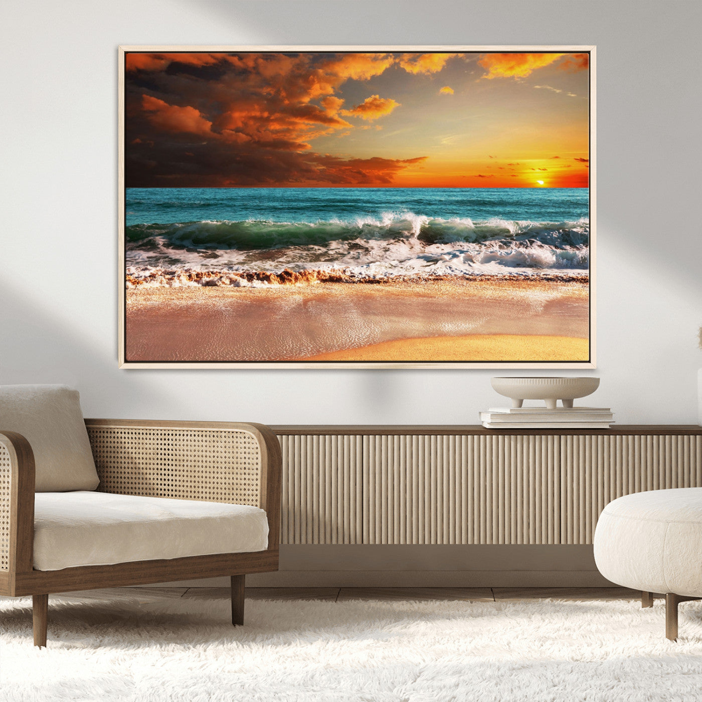 72948-MGV-CV-36X24-Ocean Sunset Wave Wall Art – Dramatic Seascape Canvas Print with Golden Sky and Crashing Waves, Coastal Beach Decor for Living