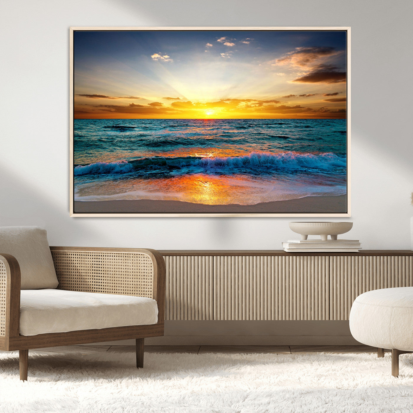 50627-MGV-CV-36X24-Ocean Sunset Wall Art – Serene Beach Canvas Print with Waves and Golden Sky, Coastal Decor for Living Room or Office