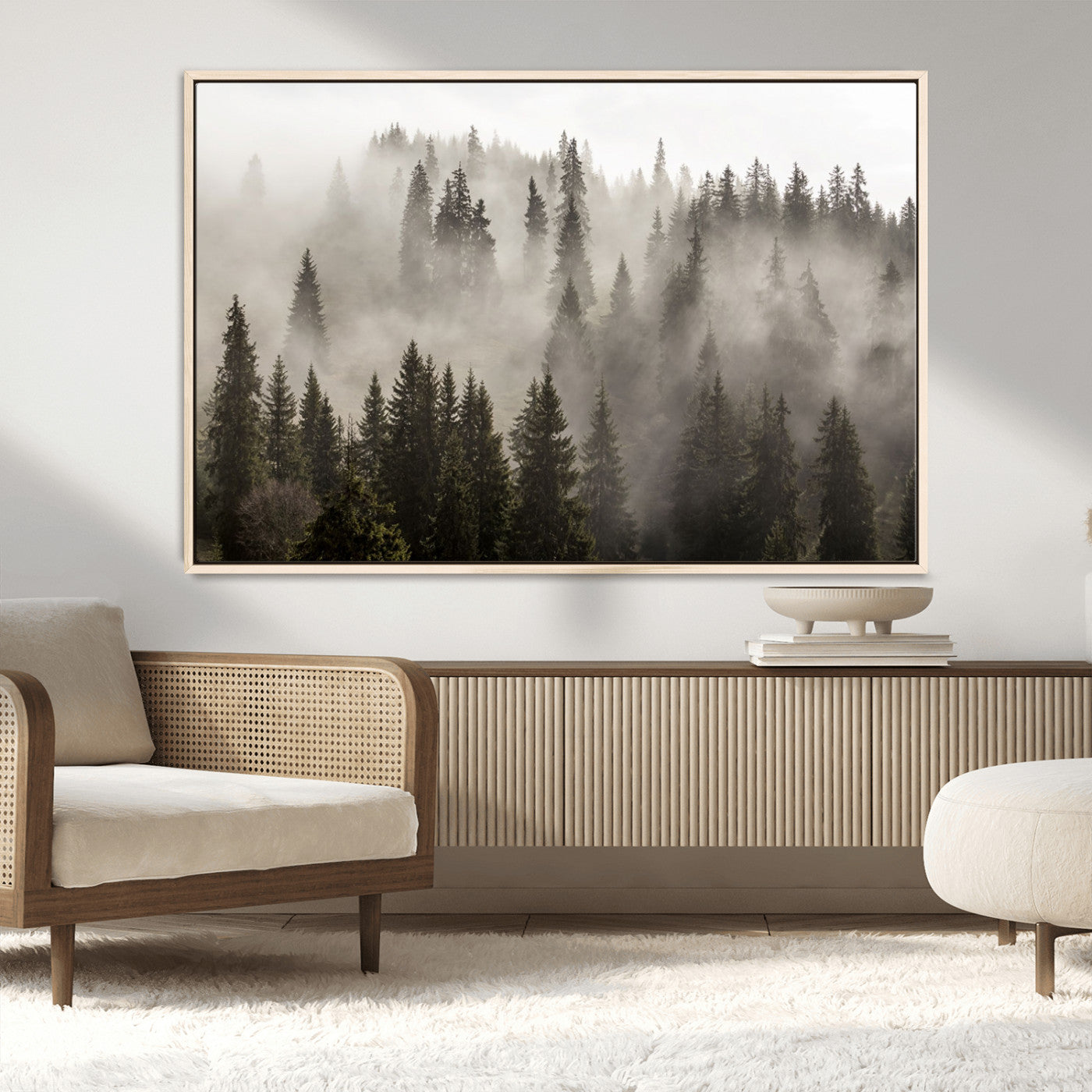 62862-MGV-CV-36X24-Misty Forest Wall Art – Tranquil Pine Tree Canvas Print with Mountain Fog, Nature Landscape Artwork for Living Room, Bedroom, or