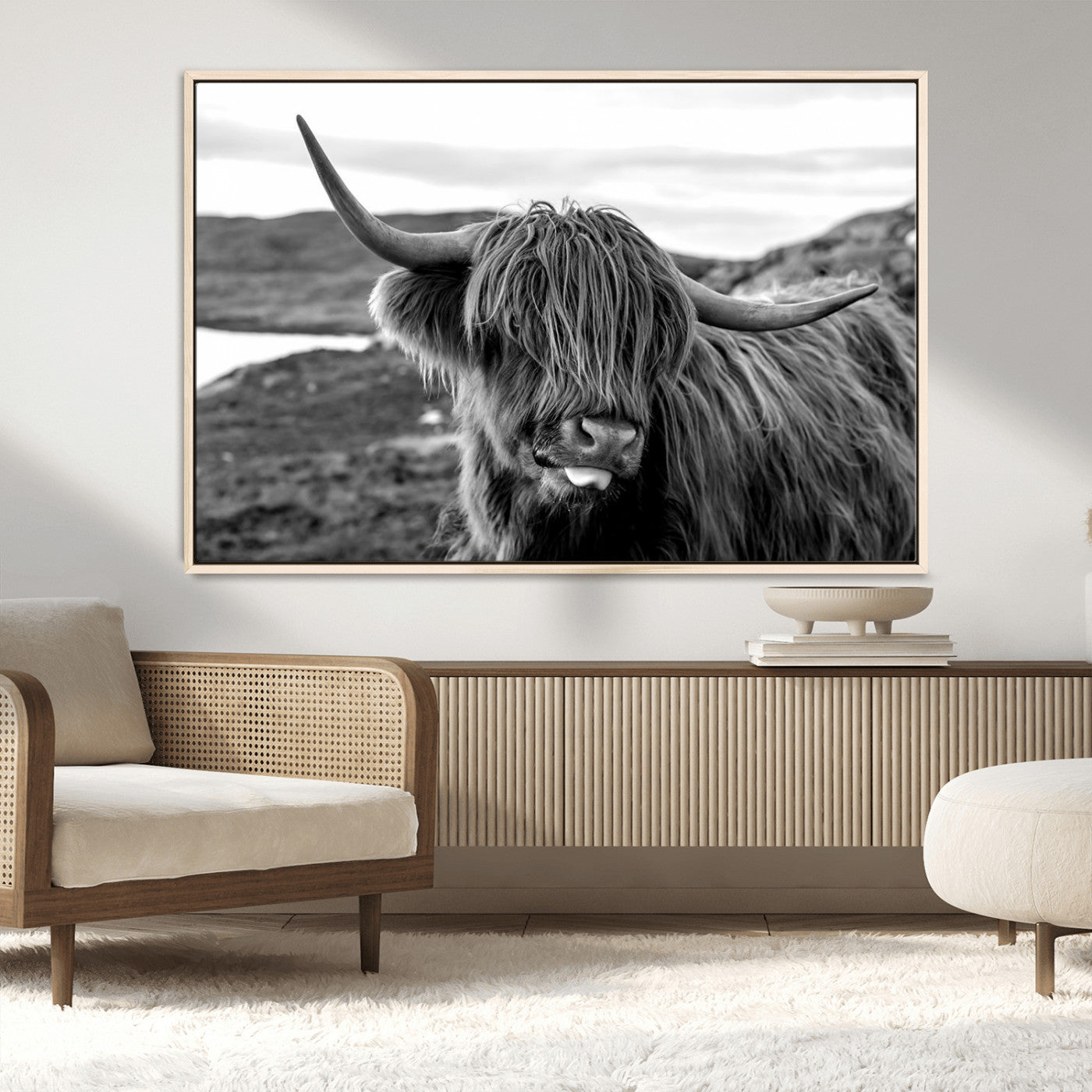 83810-MGV-CV-36X24-Highland Cow Wall Art – Black and White Highland Cattle Print, Rustic Farmhouse Animal Decor for Living Room or Office