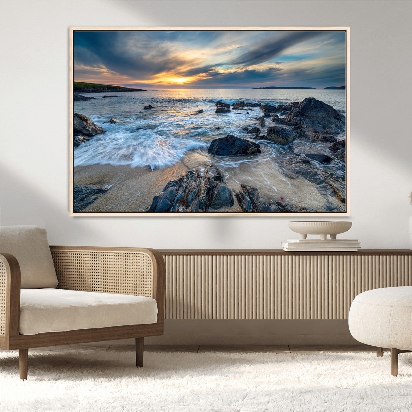 17902-MGV-CV-36X24-Rocky Shore Ocean Sunset Wall Art – Coastal Seascape Canvas Print, Nature Beach Decor for Living Room or Office