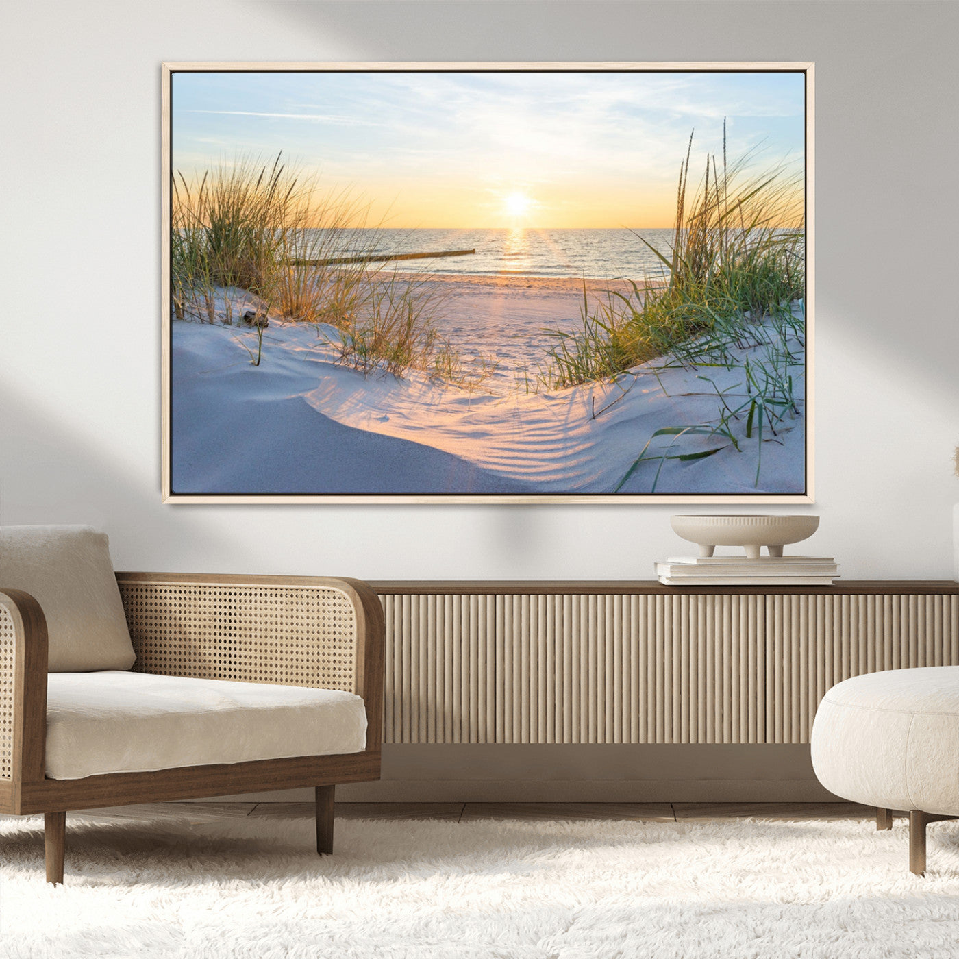 48907-MGV-CV-36X24-Beach Sunset Wall Art – Coastal Sand Dunes and Ocean View Canvas Print, Serene Seaside Landscape Painting for Living Room, Bedroom