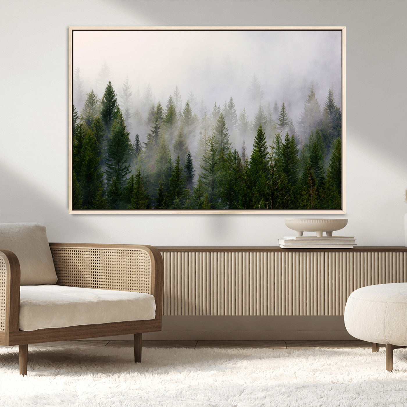 11436-MGV-CV-36X24-Misty Forest Wall Art – Tranquil Evergreen Tree Canvas Print with Foggy Landscape, Nature Inspired Artwork for Bedroom, Living