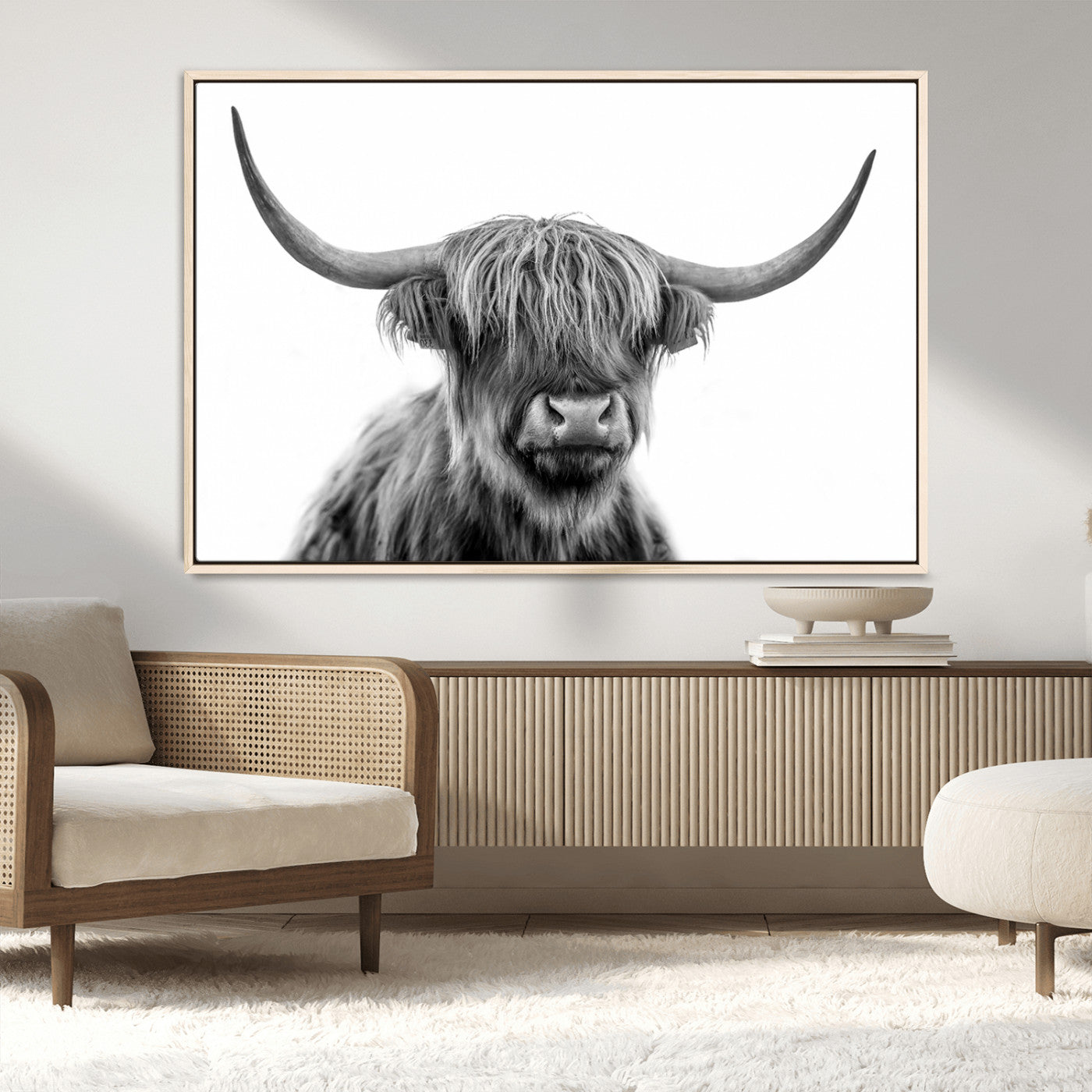 10123-MGV-CV-36X24-Black and White Highland Cow Wall Art – Modern Farmhouse Animal Print, Rustic Scottish Bull Canvas Decor for Living Room, Bedroom,