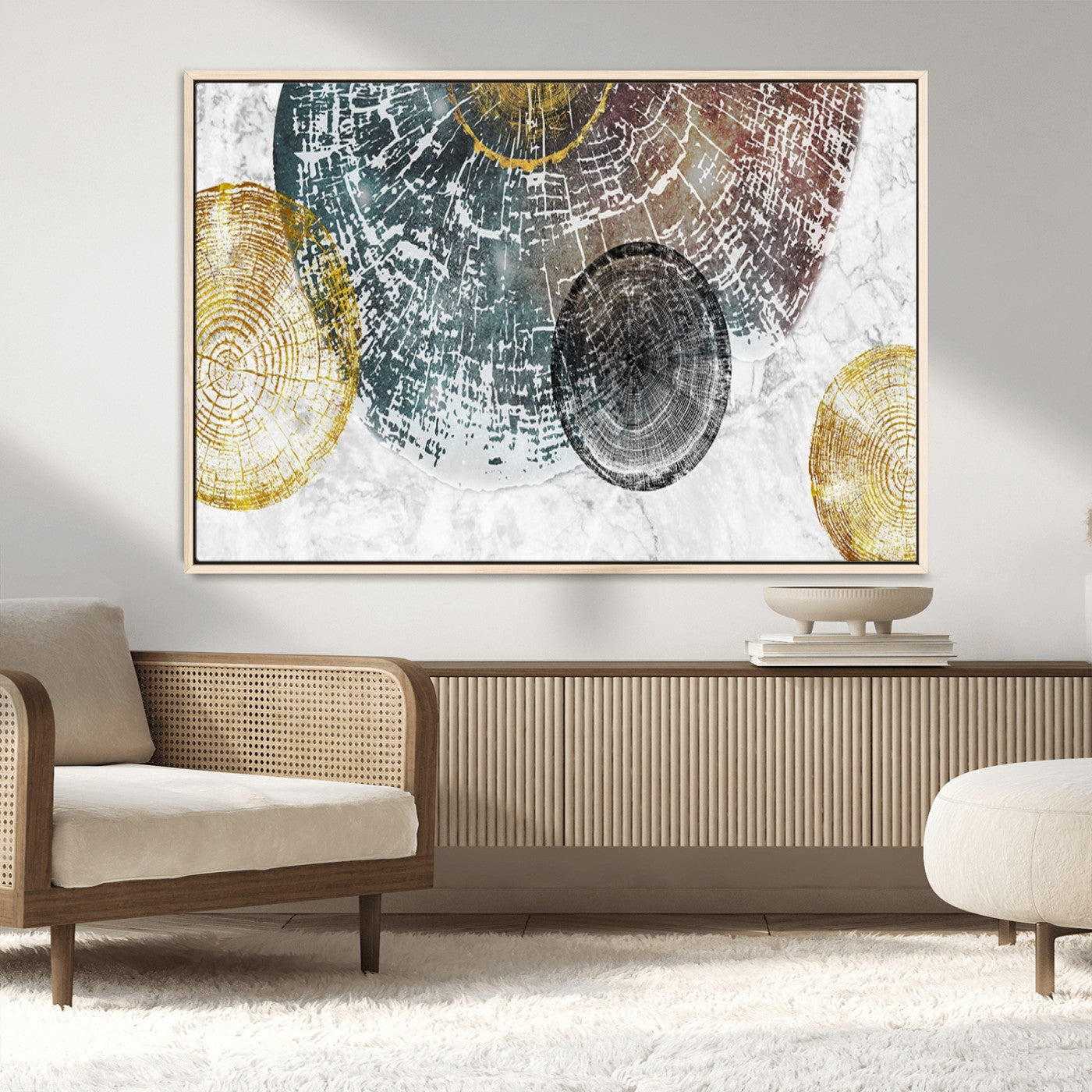 70653-MGV-FC-36X24_Natural-Abstract Tree Ring Wall Art – Modern Rustic Wood Slice Canvas Print with Gold Accents, Contemporary Nature Decor for Living Room,