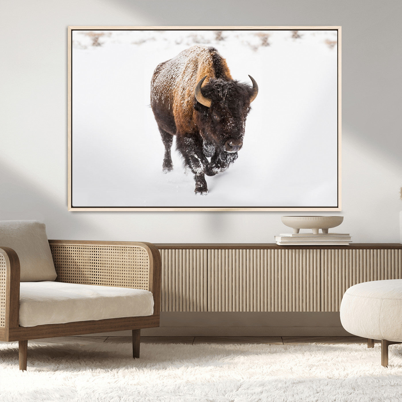 19889-MGV-CV-36X24-Snow Bison Wall Art – Majestic Buffalo Winter Landscape Canvas Print, Rustic Wildlife Photography Decor for Cabin, Lodge, Living