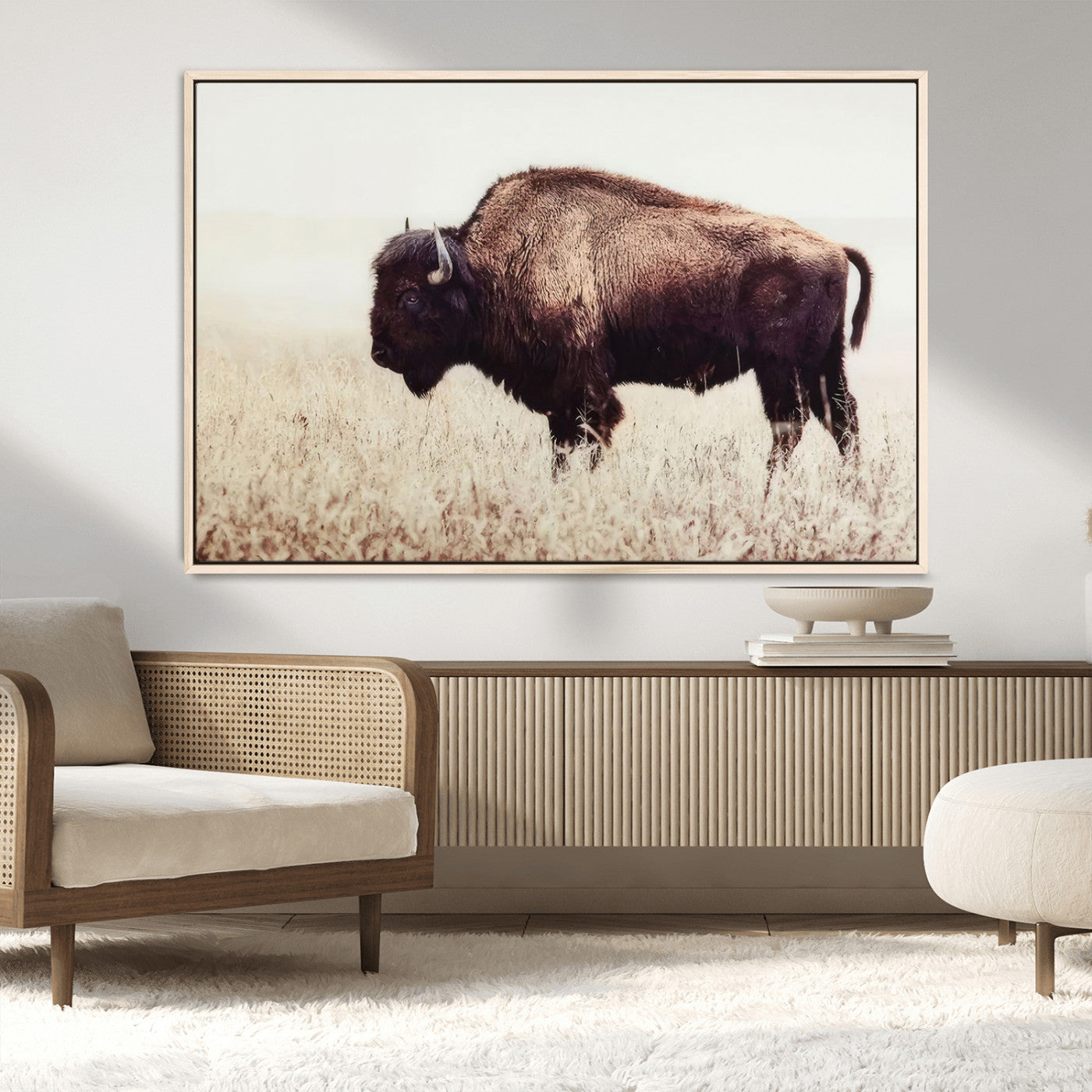 48406-MGV-CV-36X24-American Bison Wall Art – Rustic Buffalo Canvas Print in Prairie Field, Western Wildlife Photography Decor for Cabin, Lodge,