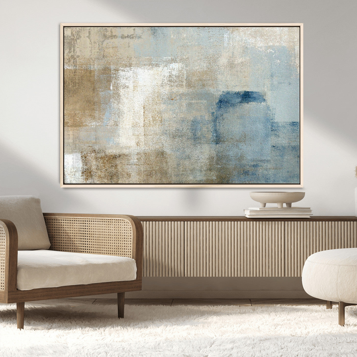 38126-MGV-CV-36X24-Neutral Abstract Wall Art – Modern Beige and Blue Canvas Print and Minimalist Textured Painting for Living Room, Bedroom or Office
