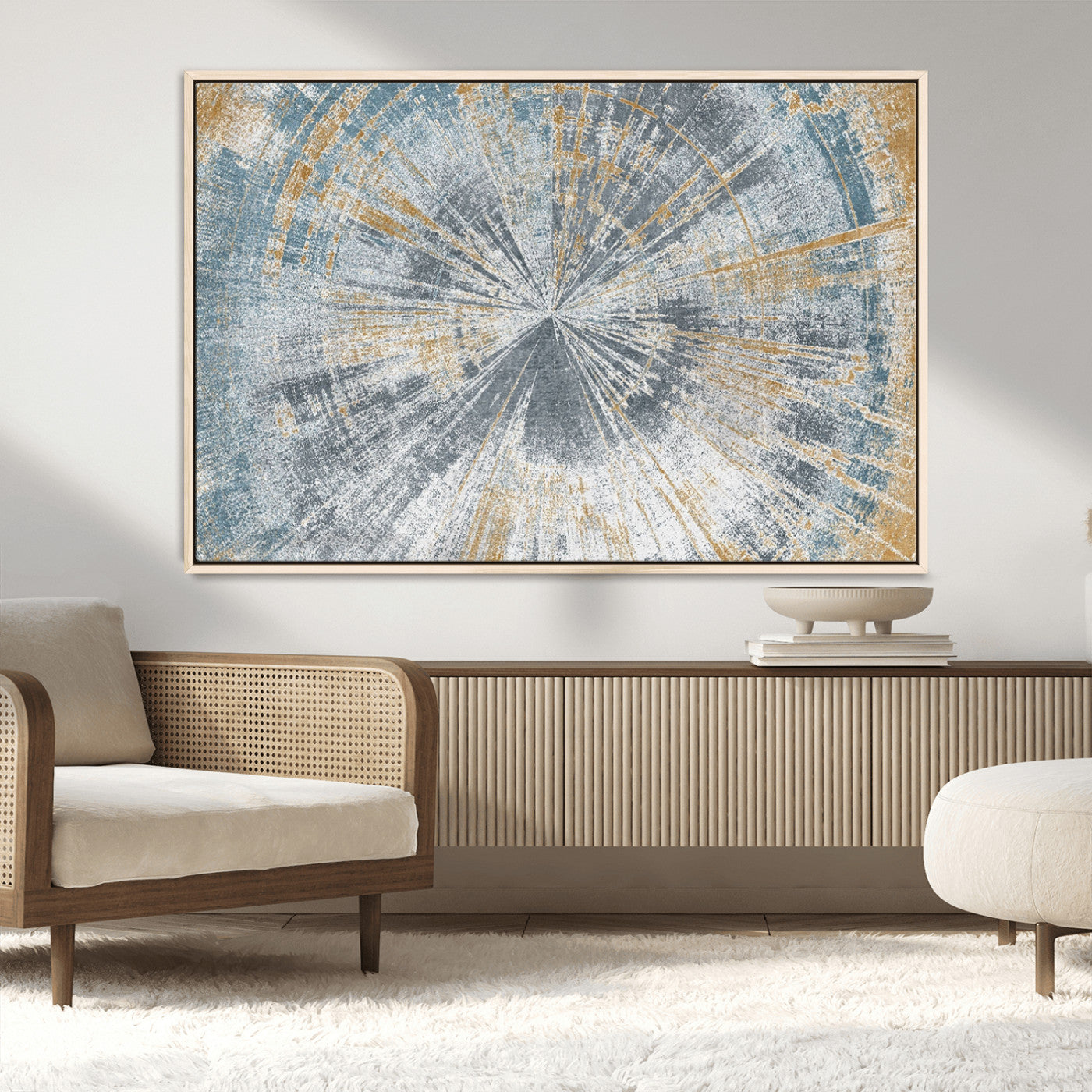 17631-MGV-CV-36X24-Radiant Burst Wall Art – Abstract Sunburst Canvas Print in Blue and Gold, Modern Geometric Painting for Living Room, Office or