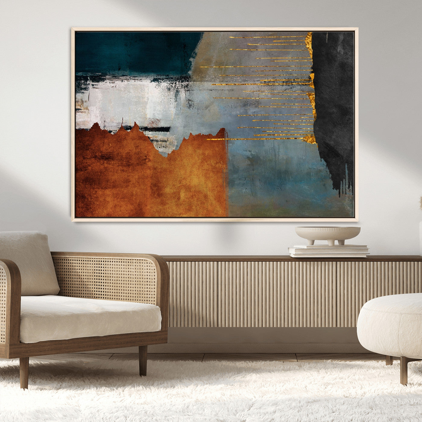 35026-MGV-CV-36X24-Abstract Canvas Wall Art – Modern Teal, Rust, Black and Gold Textured Painting, Contemporary Decor for Living Room, Bedroom