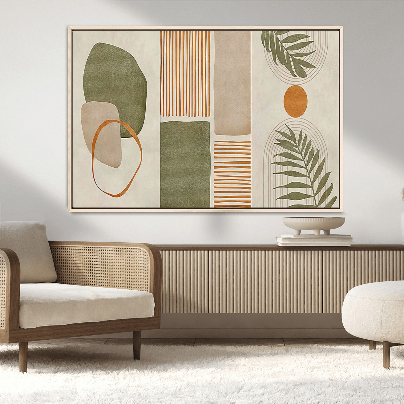 96002-MGV-CV-36X24-Abstract Geometric Wall Art – Modern Canvas Print with Green, Orange & Beige Shapes, Minimalist Home Decor for Living Room, Office
