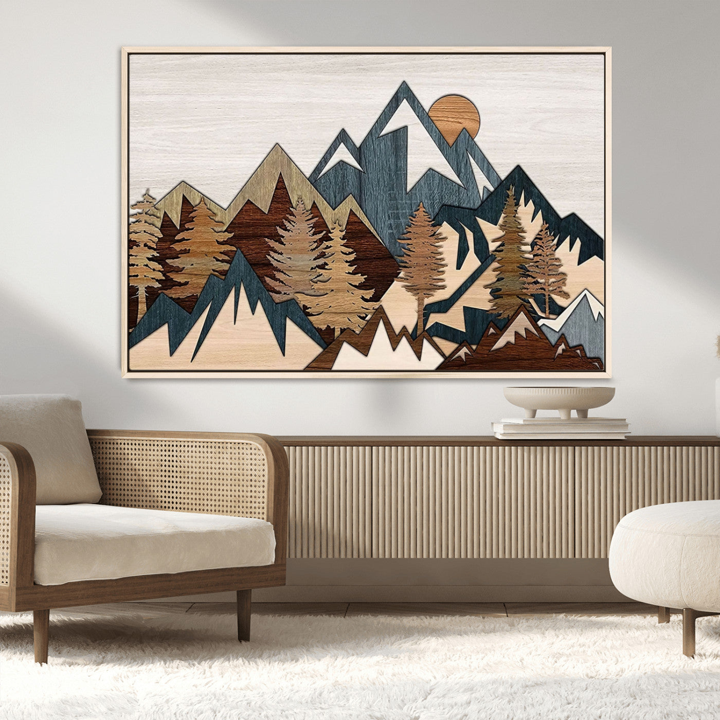 67950-MGV-FC-36X24_Natural-Modern Wood Wall Art Canvas Print, Framed Mountain Range Art Picture Print, Wood Mountain Range Perfect Rustic Decor Artwork
