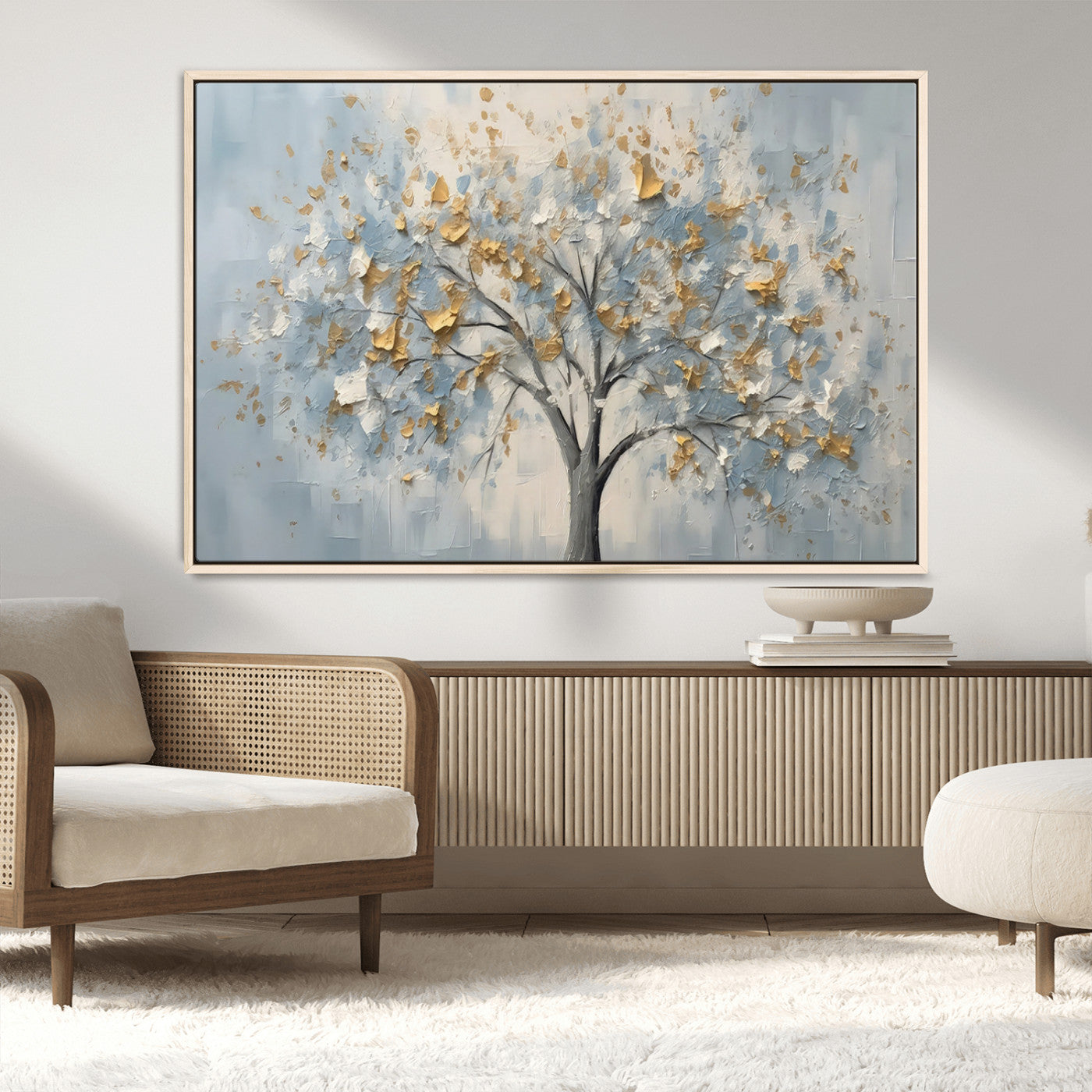 65811-MGV-CV-36X24-Abstract Tree Wall Art – Textured Canvas Painting with Gold and White Leaves, Modern Nature Inspired Decor for Living Room or