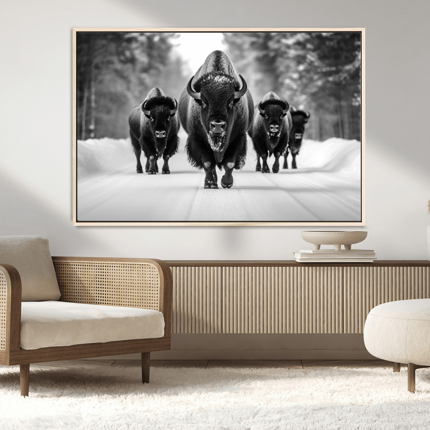 45287-MGV-CV-36X24-Bison Herd Wall Art – Black and White Buffalo Snow Road Canvas Print, Rustic Wildlife Decor for Cabin, Lodge or Living Room