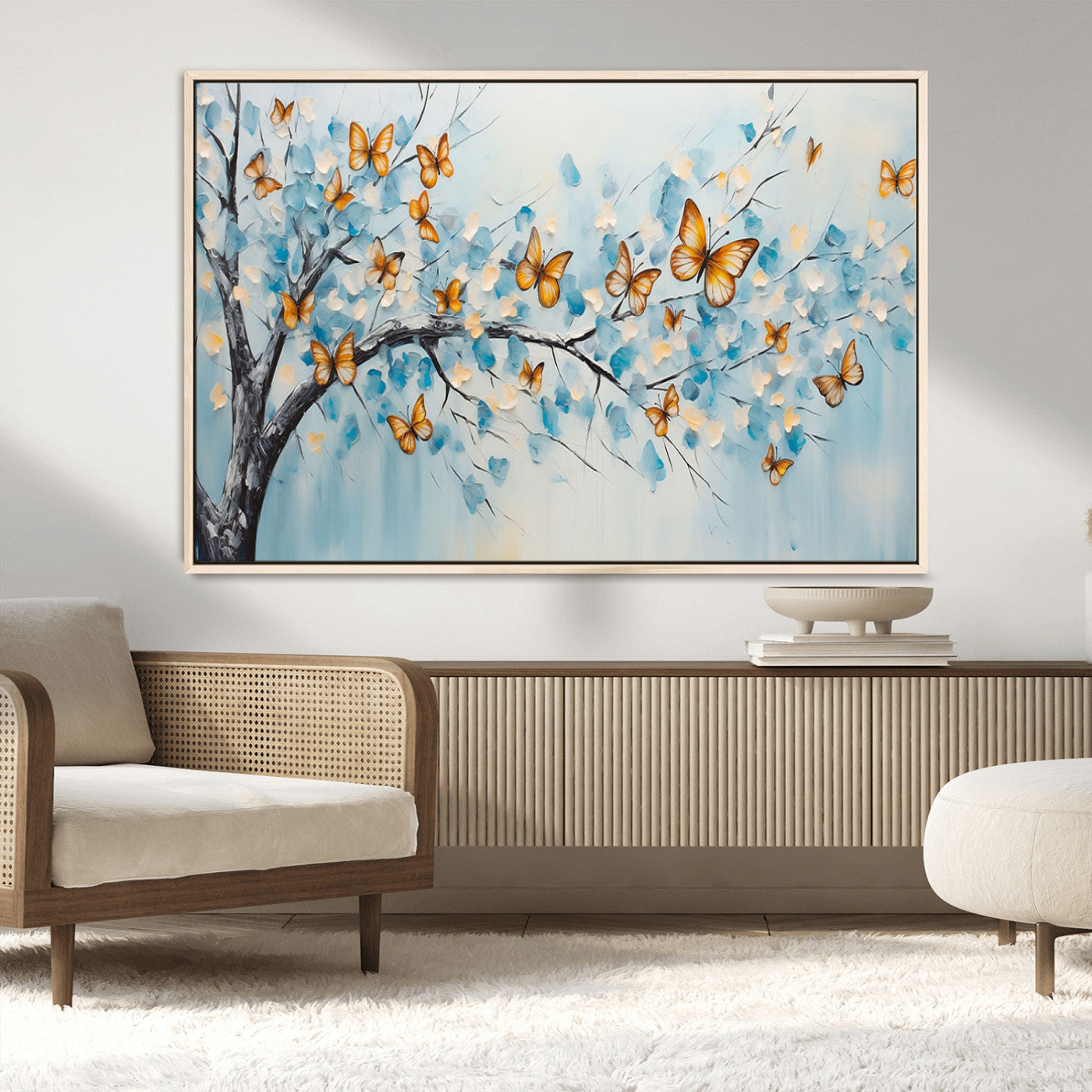 59455-MGV-FC-36X24_Natural-Butterfly Tree Branch Wall Art – Blue and Yellow Abstract Canvas Print, Modern Nature Artwork for Living Room, Bedroom or Office