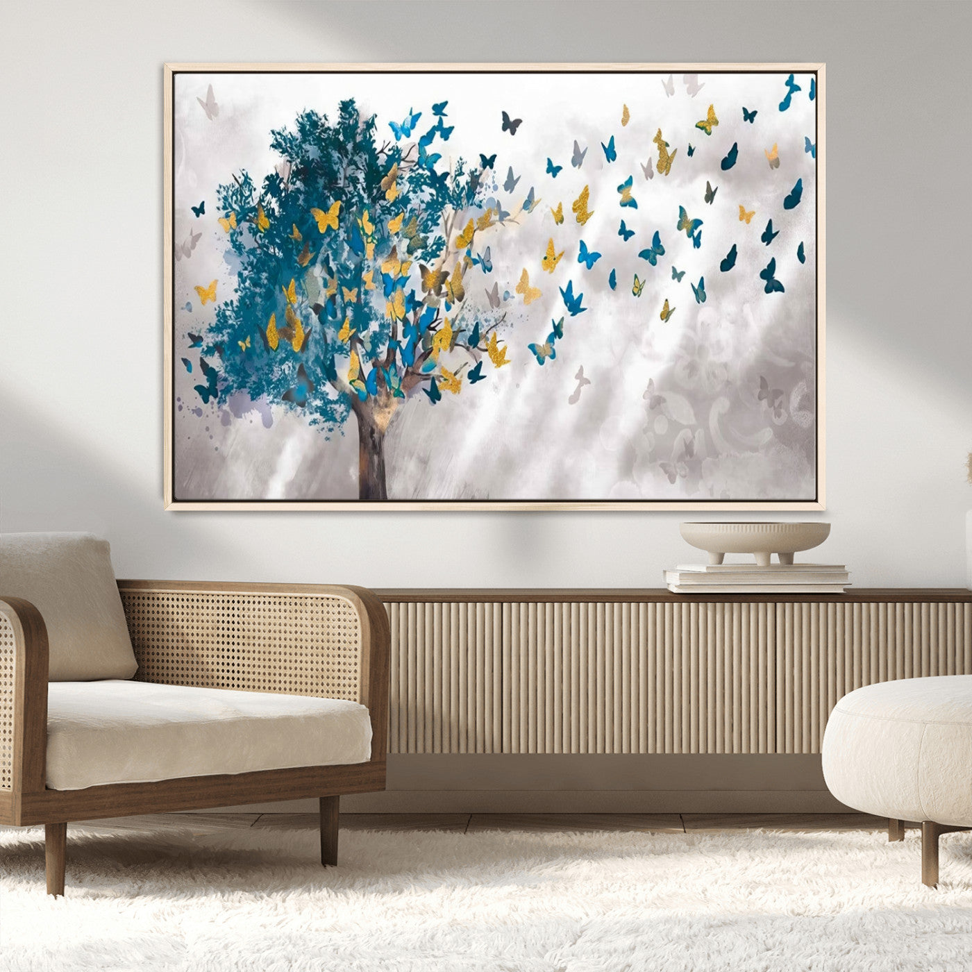 37564-MGV-CV-36X24-Butterfly Tree Wall Art – Modern Nature Canvas Print with Blue and Golden Butterflies, Elegant Decorative Painting for Living Room