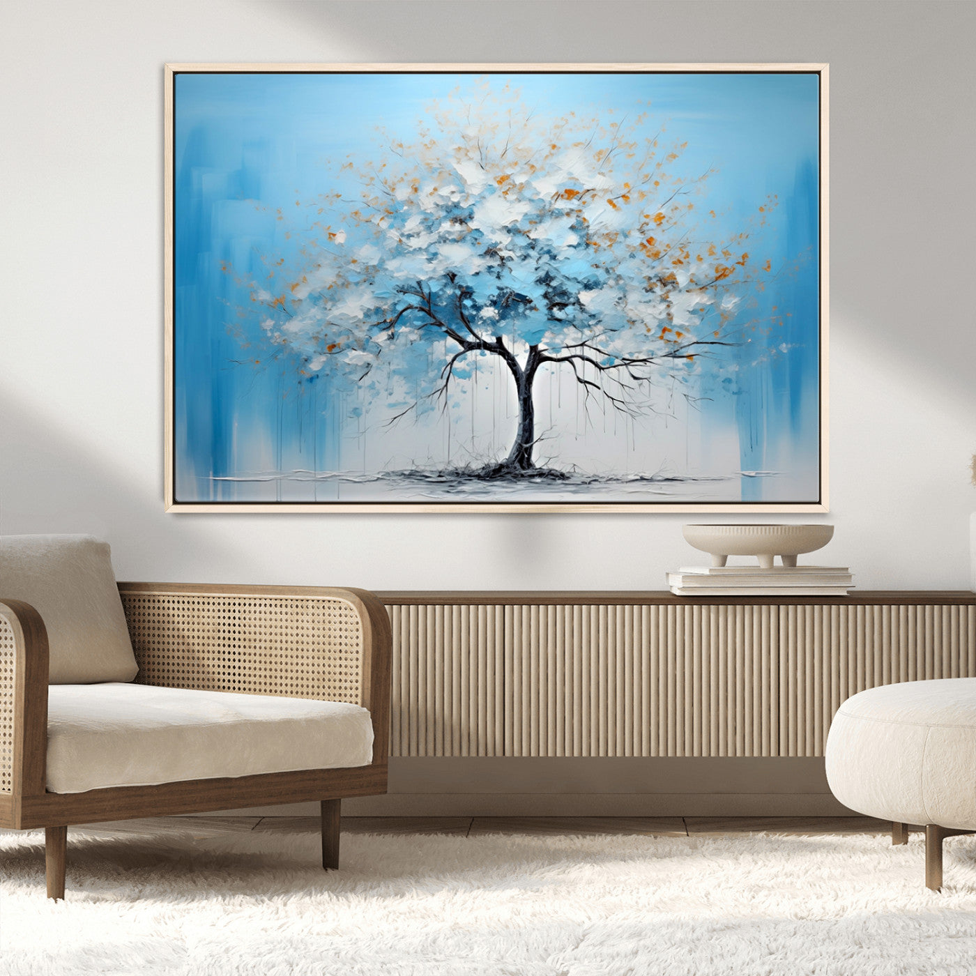 25021-MGV-CV-36X24-Abstract Tree Wall Art – Blue and White Canvas Painting with Gold Accents, Modern Nature-Inspired Artwork for Living Room, Bedroom