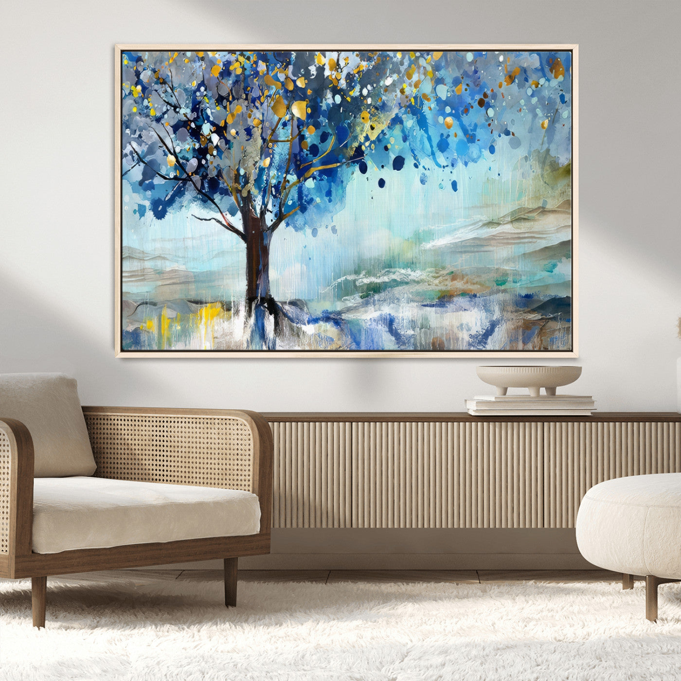 17018-MGV-FC-36X24_Natural-Abstract Blue Tree Wall Art – Colorful Canvas Painting with Gold and Silver Accents, Modern Nature Artwork for Living Room,