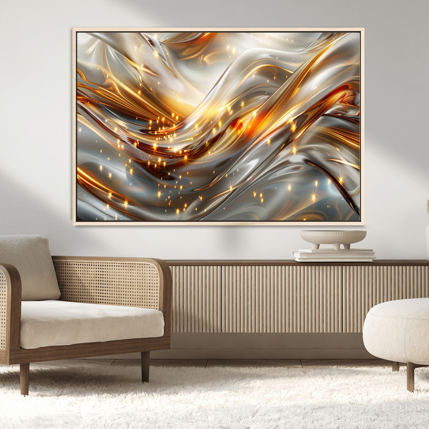 Lines1-MGV-FC-36X24_Natural-Abstract Metallic Wall Art – Silver and Gold Wave Canvas Print with Sparkling Accents, Modern Luxury Decor for Living Room, Office