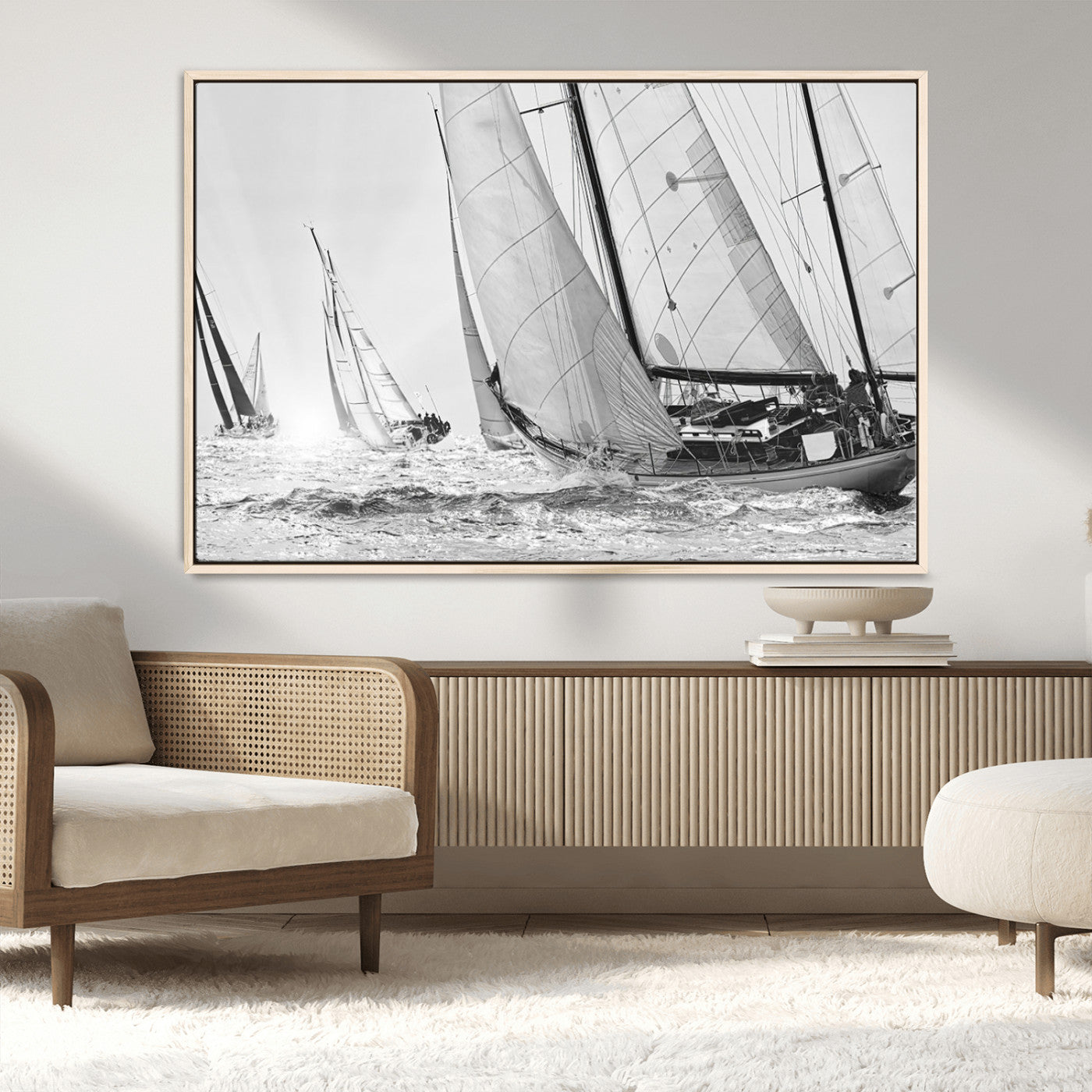 Boat-1-MGV-CV-36X24-Sailboat Racing Wall Art – Nautical Black and White Canvas Print, Ocean Adventure Decor for Office, Living Room or Bedroom