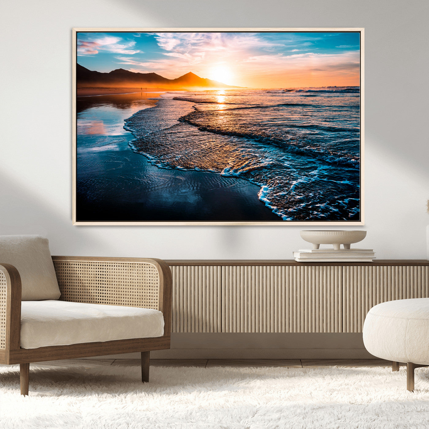 26494-MGV-FC-36X24_Natural-Ocean Sunset Wall Art – Scenic Beach Canvas Print with Waves and Mountains, Coastal Seascape Photography for Living Room, Bedroom