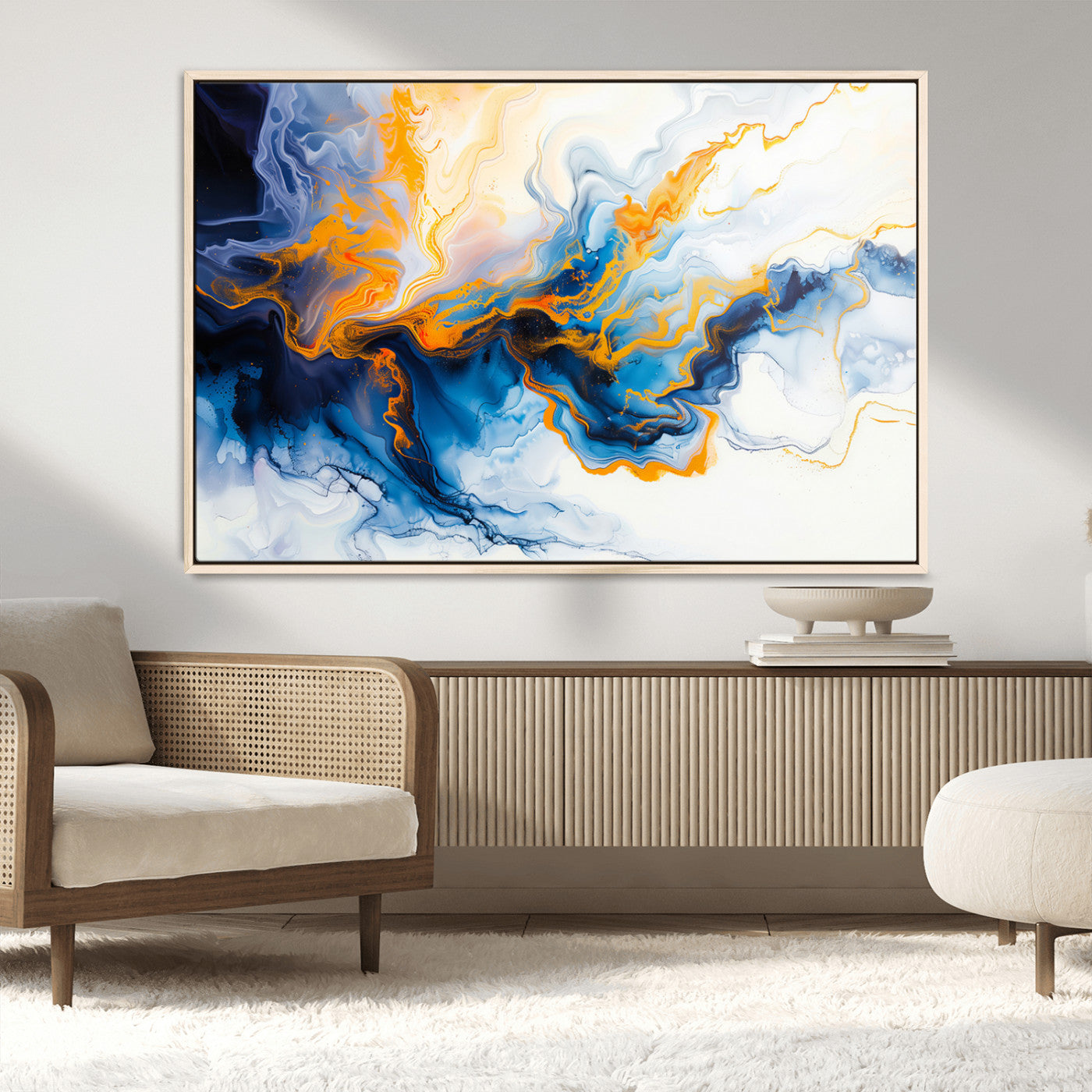 83720-MGV-CV-36X24-Abstract Fluid Wall Art – Blue, White and Gold Swirl Canvas Painting, Modern Contemporary Artwork for Living Room, Bedroom or
