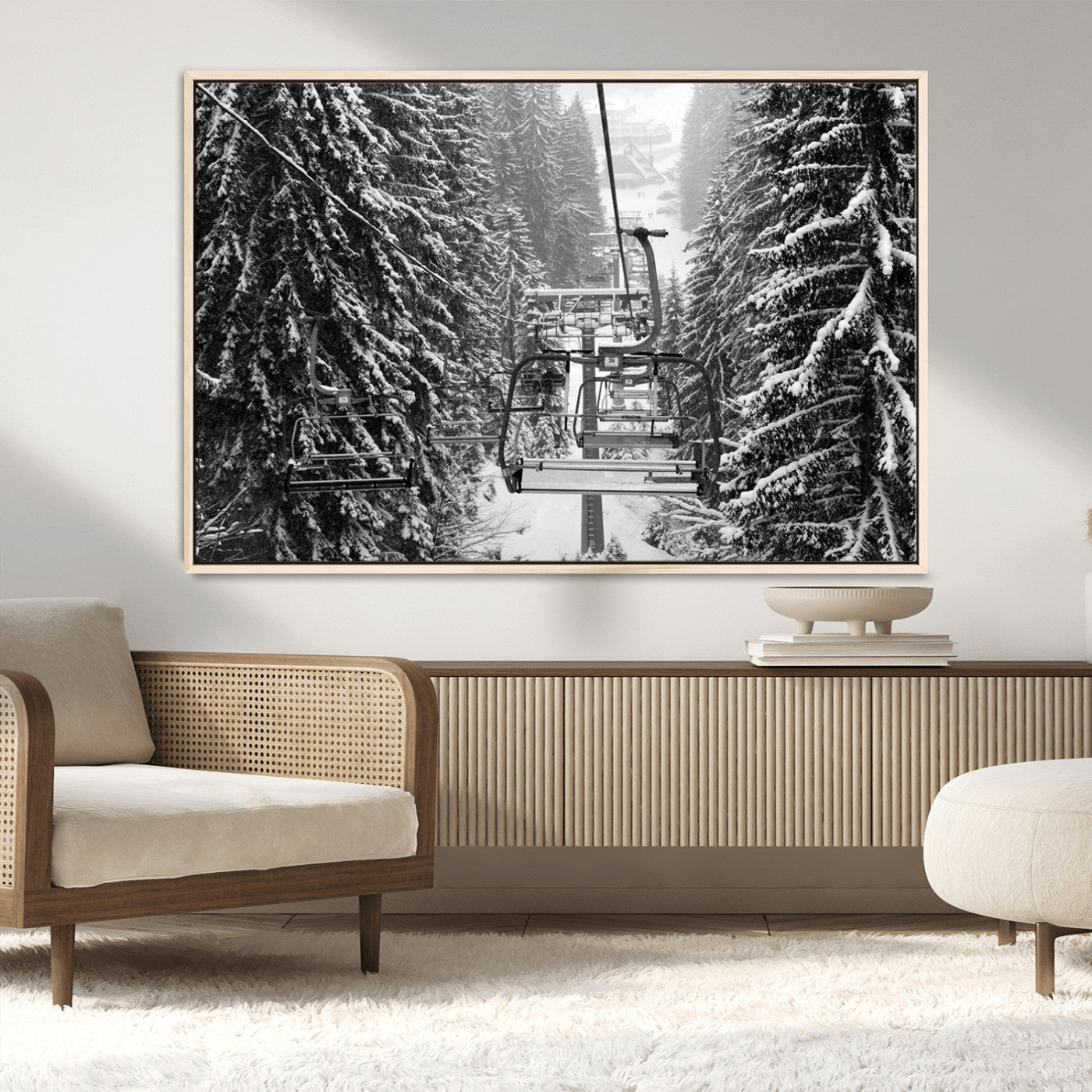19240-MGV-CV-36X24-Ski Lift Wall Art – Black and White Winter Mountain Canvas Print, Snowy Forest Ski Resort Photography for Cabin, Lodge, Office or