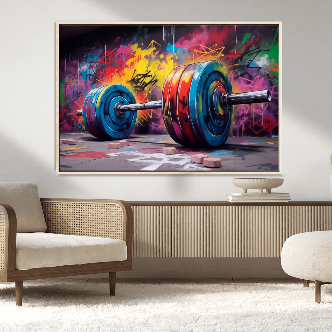13549-MGV-CV-36X24-Graffiti Gym Wall Art Canvas Print, Framed Graffiti Barbell Art Picture Print, Weightlifting Perfect Fitness Studio Decor Artwork