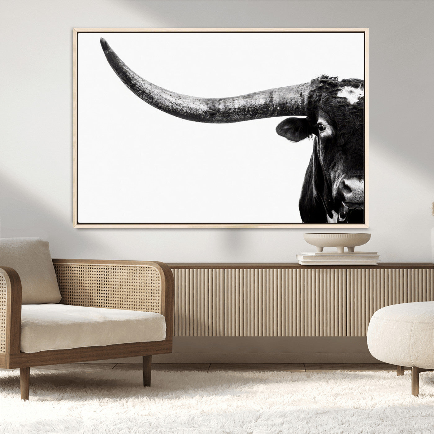 31699-MGV-CV-36X24-Longhorn Wall Art – Black and White Texas Longhorn Cow Canvas Print, Rustic Western Farmhouse Artwork for Living Room, Bedroom or