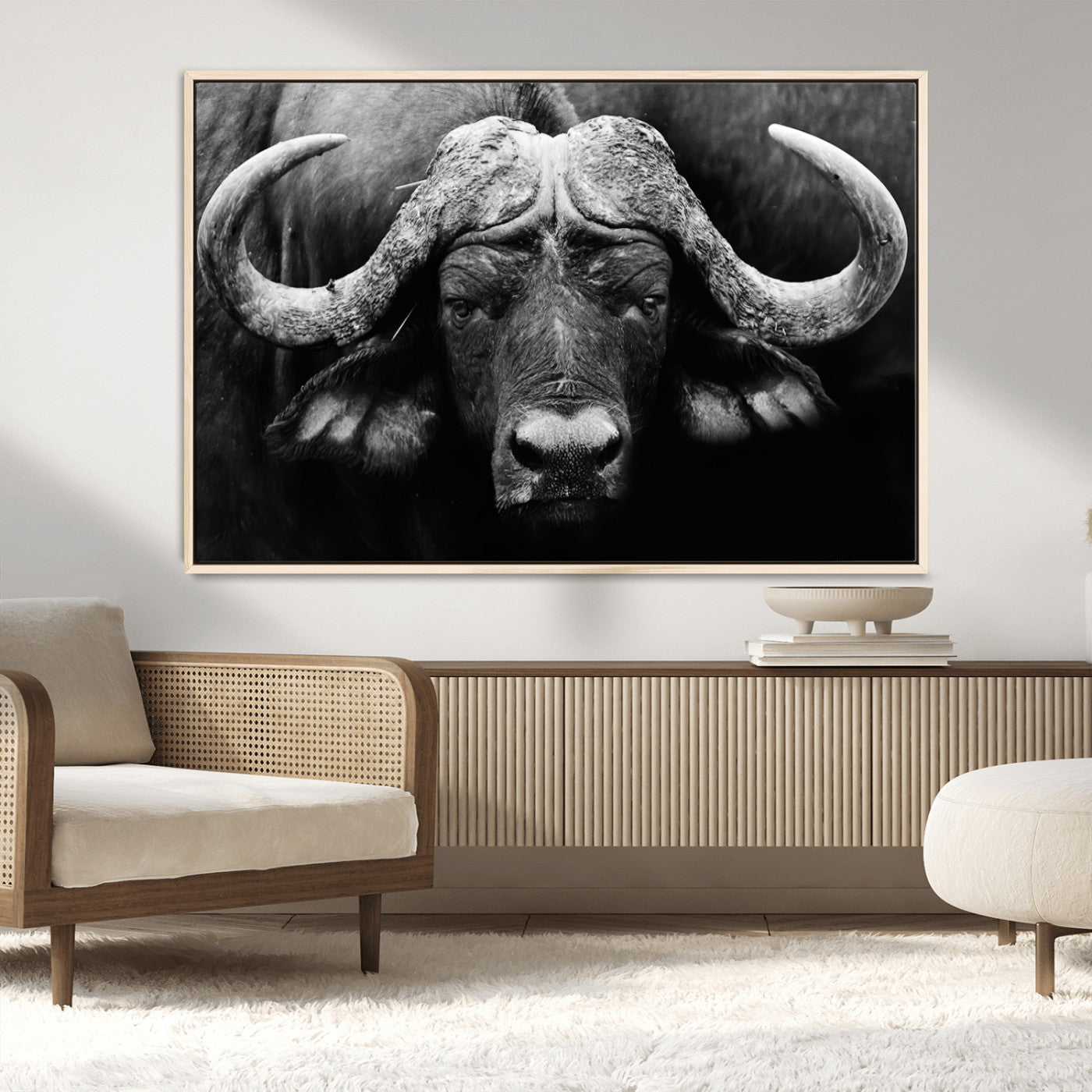 75273-MGV-FC-36X24_Natural-Buffalo Wall Art – Black and White African Buffalo Canvas Print, Rustic Wildlife Animal Artwork for Farmhouse, Living Room,