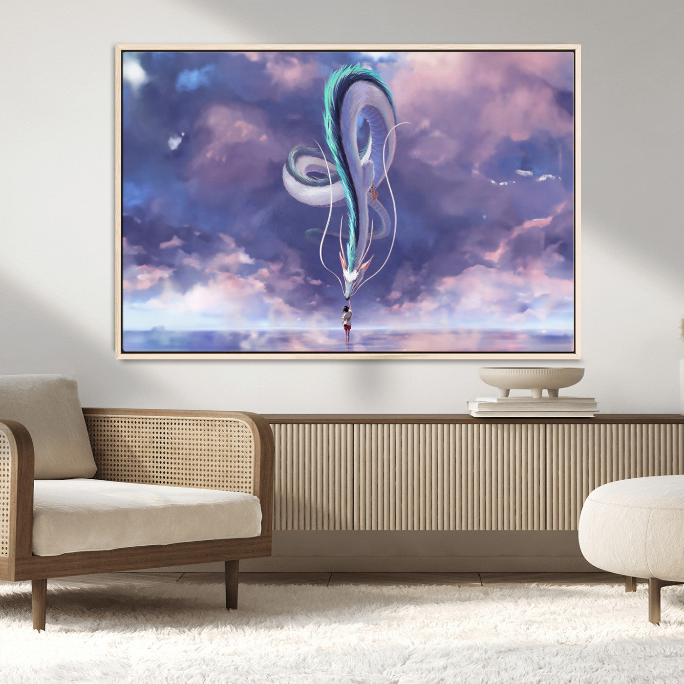 66864-MGV-CV-36X24-Fantasy Dragon Wall Art – Mystical Canvas Print Girl and Sky Serpent Dreamlike Clouds, Magical Anime Inspired Decor for Living
