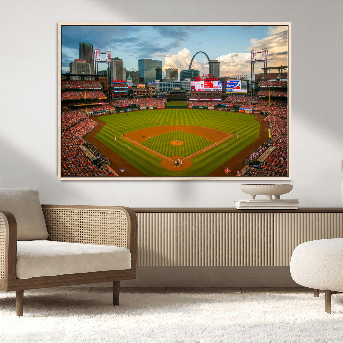 91908-MGV-CV-36X24-Baseball Stadium Wall Art – Canvas Print Game Day Field City Skyline Iconic Arch Scene Sports Photography, Decor for Game Room,