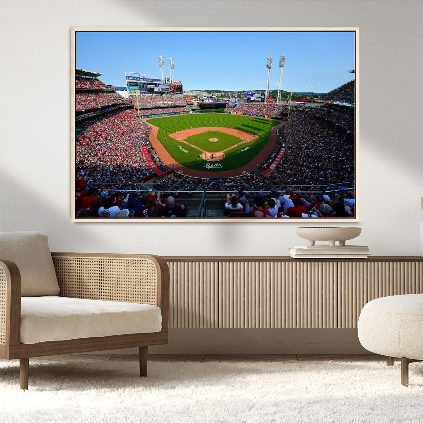90998-MGV-CV-36X24-Baseball Stadium Wall Art – Canvas Print Day Game Field Packed Crowd Bright Blue Sky Sports Photography, Classic Decor for Game