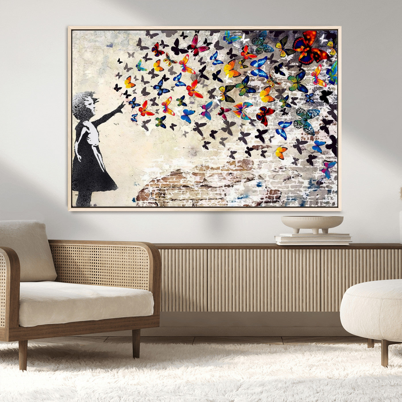 97895-MGV-CV-36X24-Girl with Butterflies Wall Art – Colorful Street Art Style Canvas Print, Modern Graffiti-Inspired Butterfly Artwork for Living