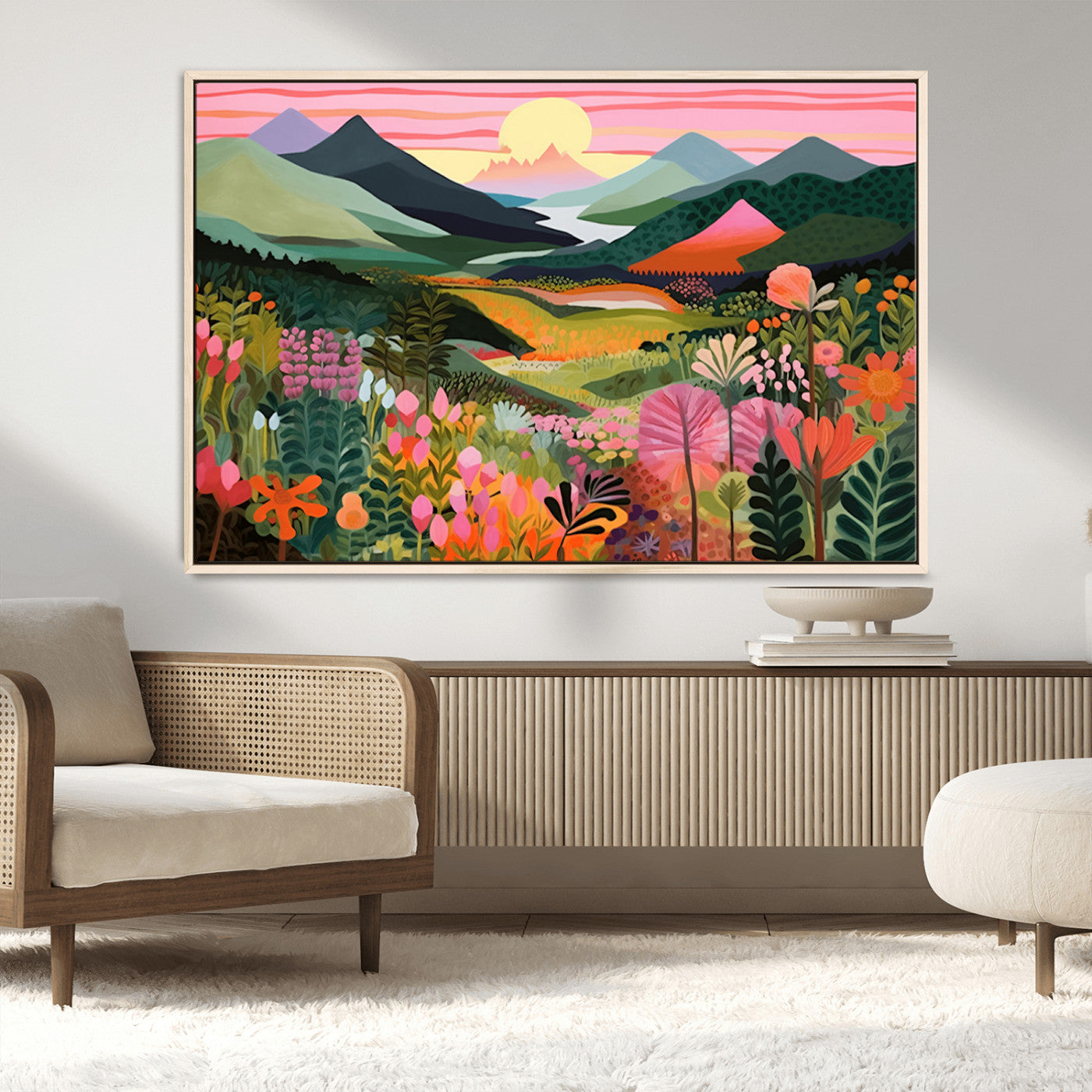 99638-MGV-CV-36X24-Sunset Meadow Wall Art – Panoramic Mountain Landscape with Wildflowers Canvas Print, Vibrant Nature Decor for Living Room, Bedroom