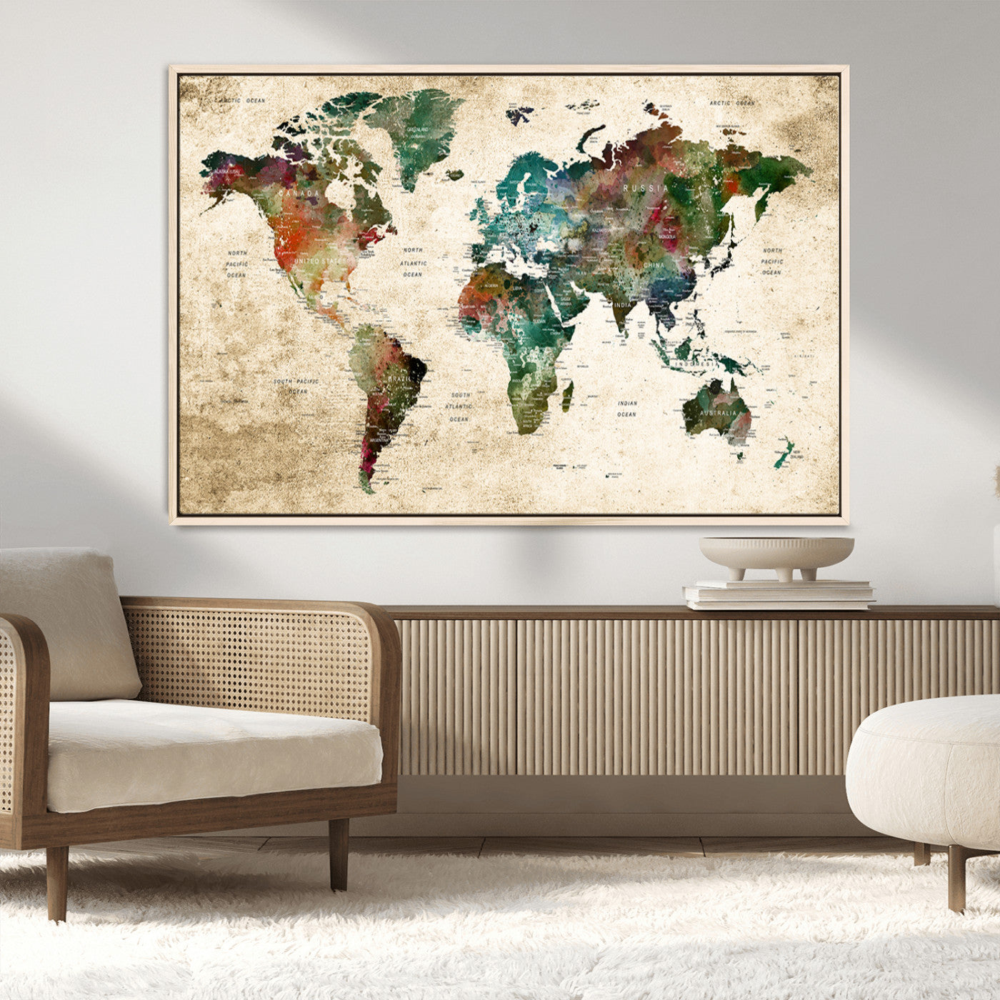 45128-MGV-CV-36X24-Watercolor World Map Canvas Wall Art – Vintage Style Travel Map Print, Large Framed Wall Decor for Living Room, Bedroom, Home or Office