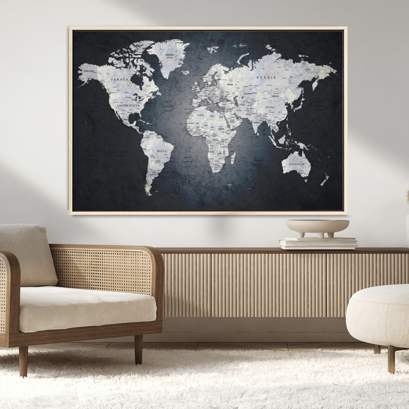 19124-MGV-CV-36X24-Modern World Map Wall Art – Black and White Canvas Print, Minimalist Global Map Decor for Office, Study, Bedroom or Living Room