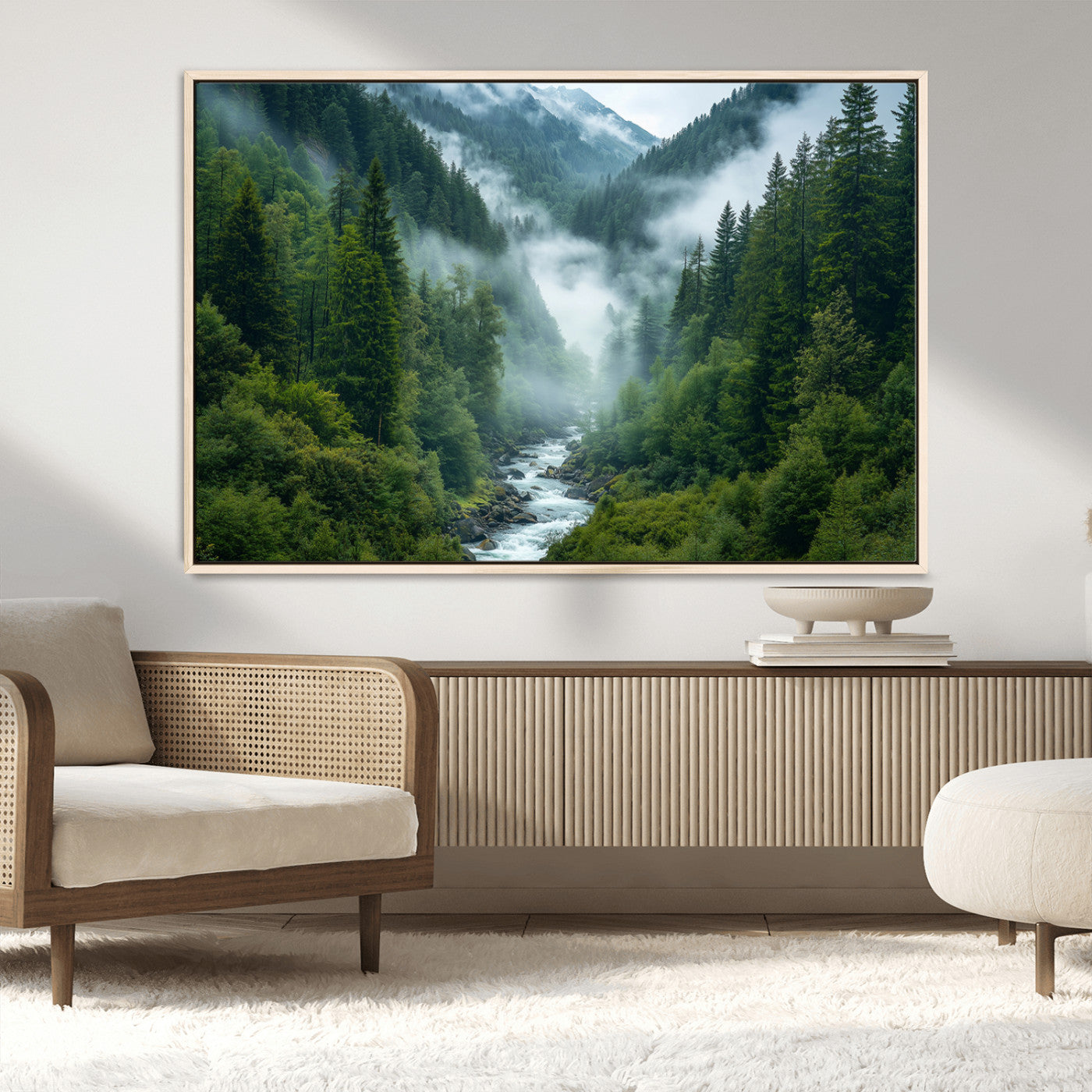 69453-MGV-CV-36X24-Mountain Forest Wall Art – Misty River and Evergreen Landscape Canvas Print, Nature Photography Poster for Living Room, Bedroom,